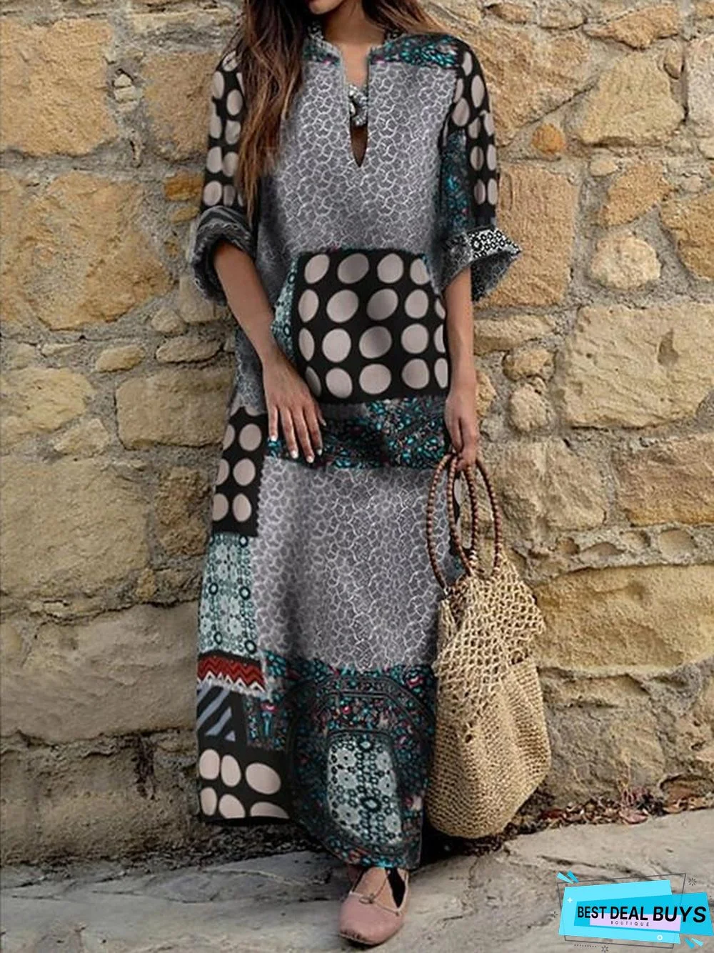 Women's Shift Dress Knee Length Dress Long Sleeve Print Summer Casual Cotton Wine Navy Blue