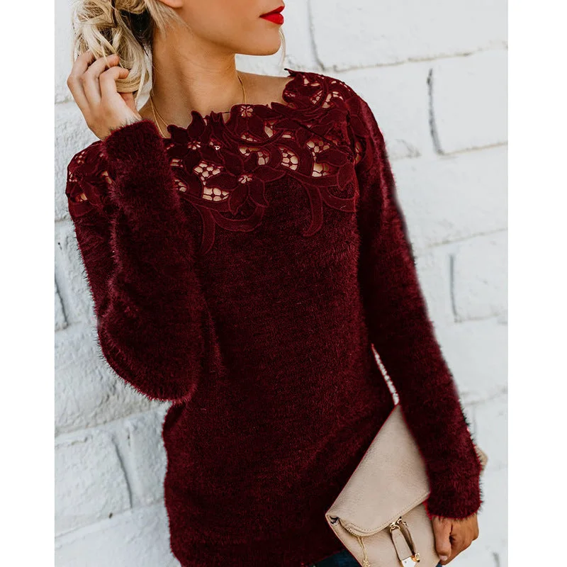 Off Shoulder Lace Splicing Solid Color Sweater