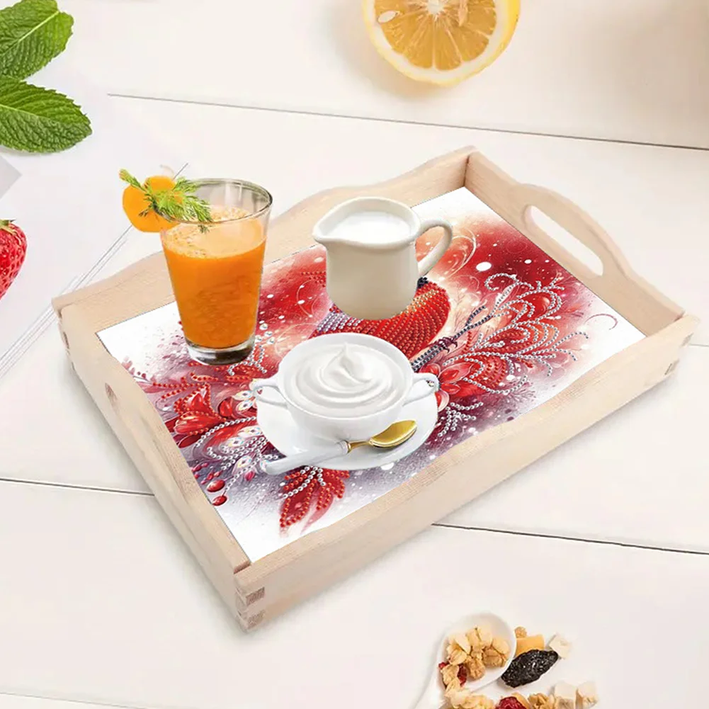 5D DIY Cardinal Diamond Painting Wooden Serving Tray with Handle for Desk