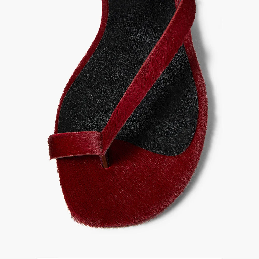 Women's Maroon Skinny Strap Toe Ring Low Kitten Heel Lace-Up Sandals