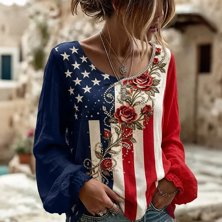 Women's Vintage Flags And Flowers Art Print Long Sleeve T-shirt