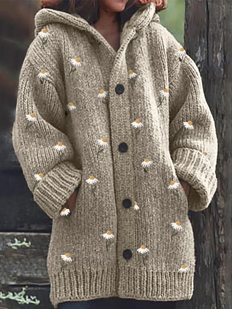 Comstylish Cottage Daisy Embroidery Pattern Cozy Knit Hooded Cardigan