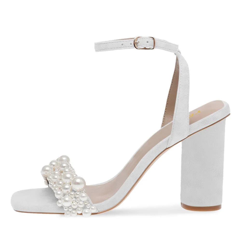 White Vegan Suede Open Toe Ankle Strap Wedding Heels with Pearls