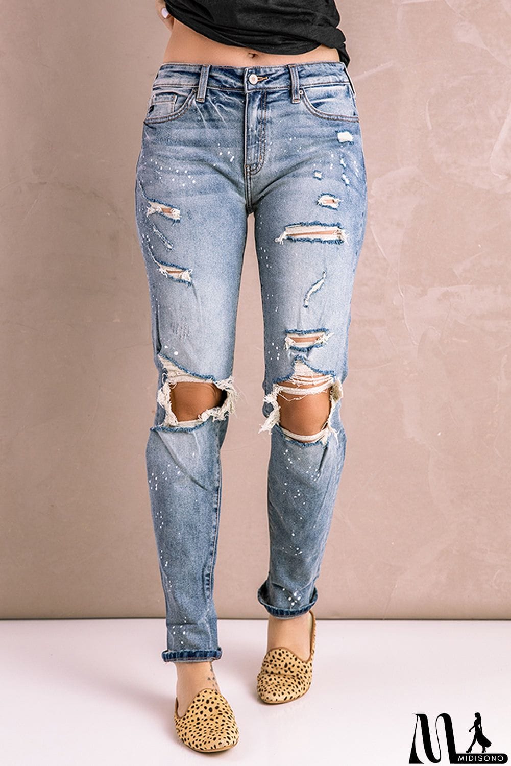 MidiSono - Distressed Faded Splatter Denim Pants