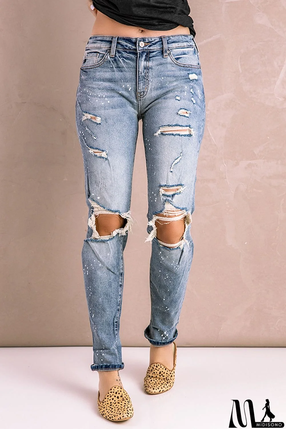 MidiSono - Distressed Faded Splatter Denim Pants
