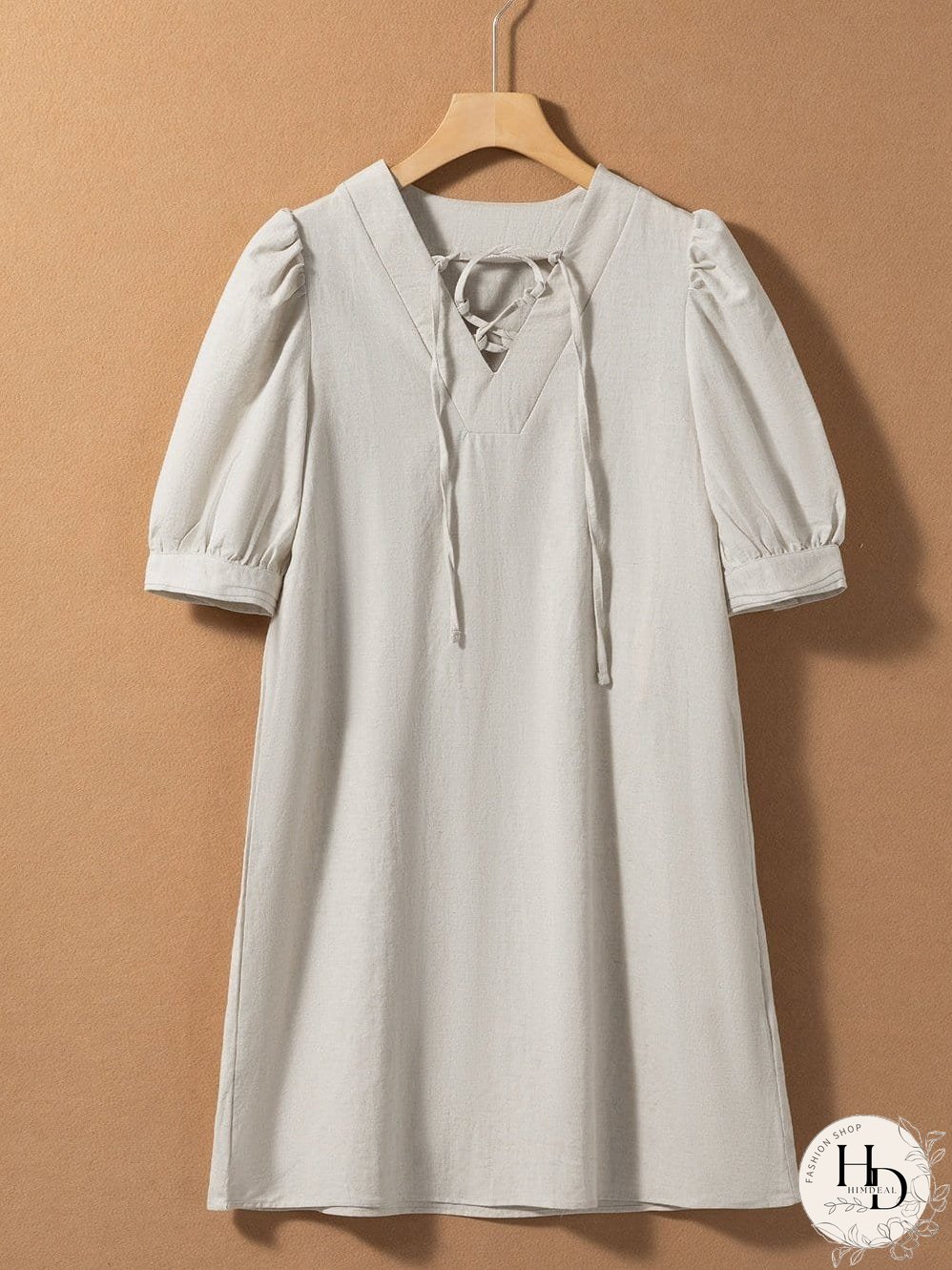 Elegant Beige Bubble Sleeve V-Neck Short Shift Dress