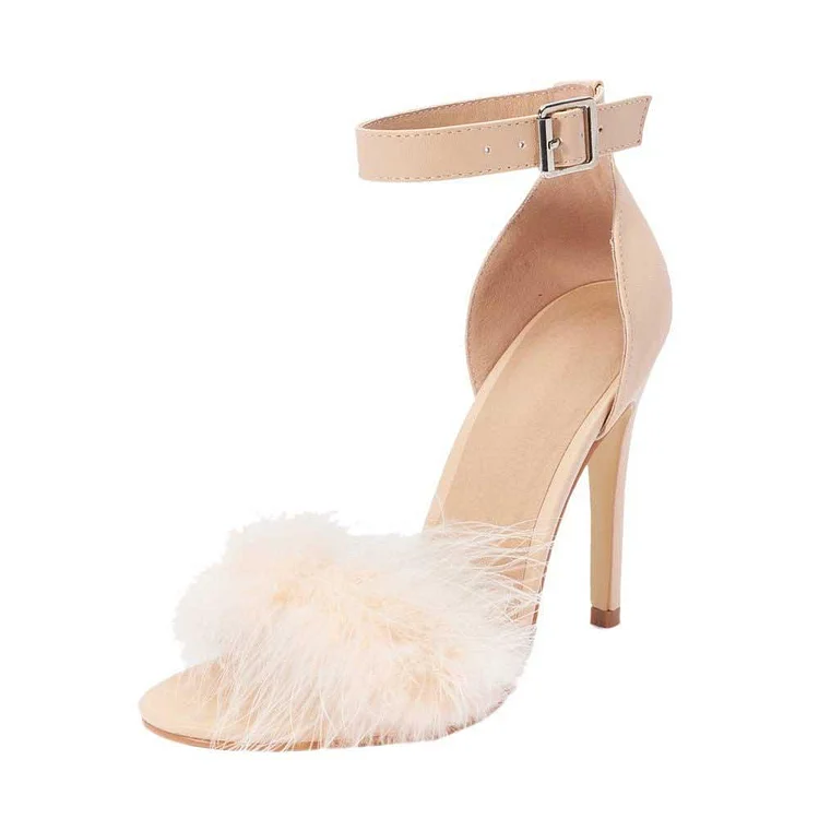 Beige Furry Ankle Strap Heels Open Toe Stiletto Heel Sandals |FSJ Shoes