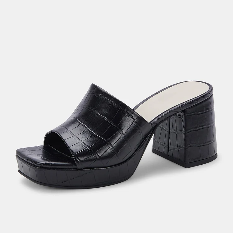Black Croco Embossed Square Toe Block Heel Platform Mules |FSJ Shoes