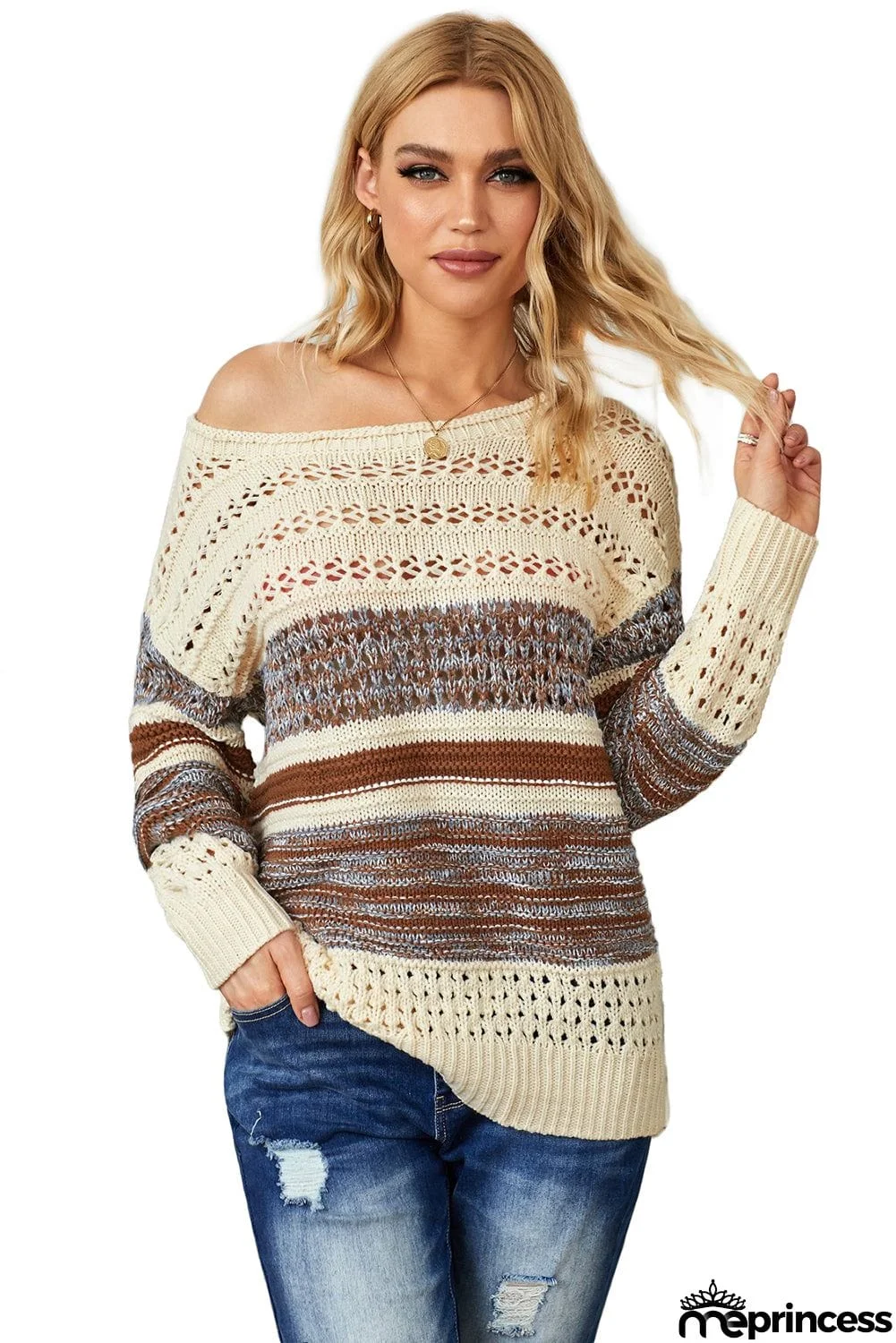 Brown Loose Openwork Round Neck Sweater
