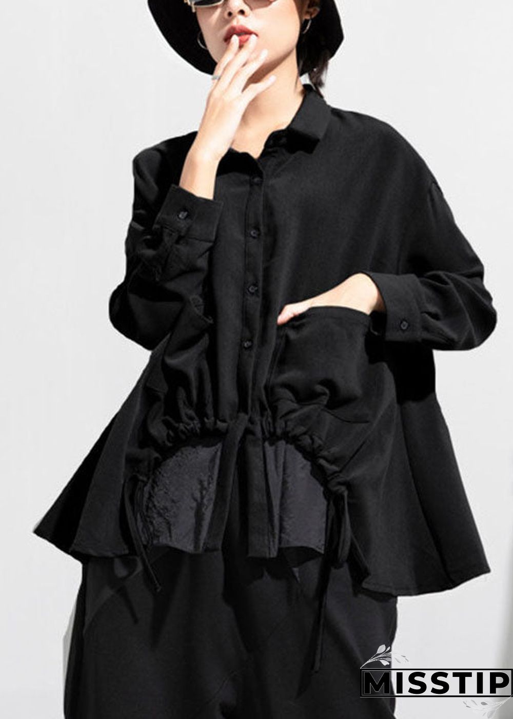 Boho Black Black Button asymmetrical design Fall Long sleeve Coat