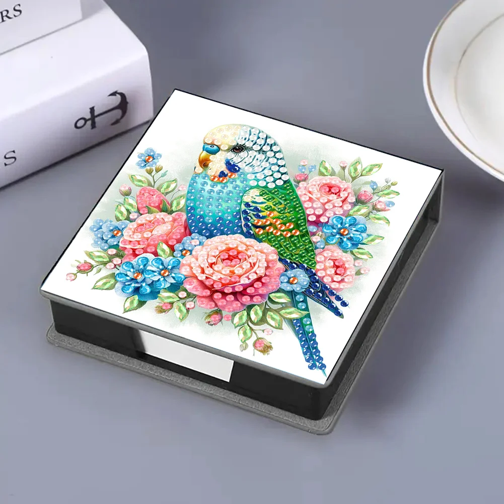 DIY Flower Parrot Leather Diamond Art Note Box with 160 Sheets of Paper for Beginners