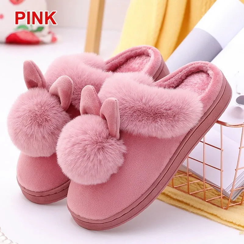 Women Shoes Rabbit Ear Floor Indoor Cotton Slippers Autumn Winter Warm Fur Slippers Women Non-Slip Platform Shoes Home Shoes