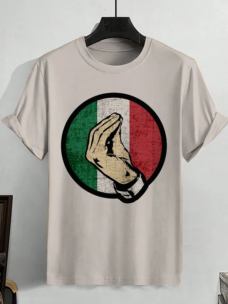 Men's Funny Italian Hand Gestures Print Cotton Casual T-Shirt