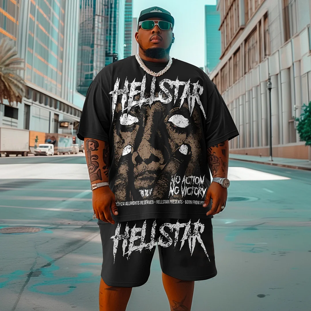Men'S Plus Size Street Hip Hop Hell Star Personalized Face Graphic T-Shirt Shorts Set