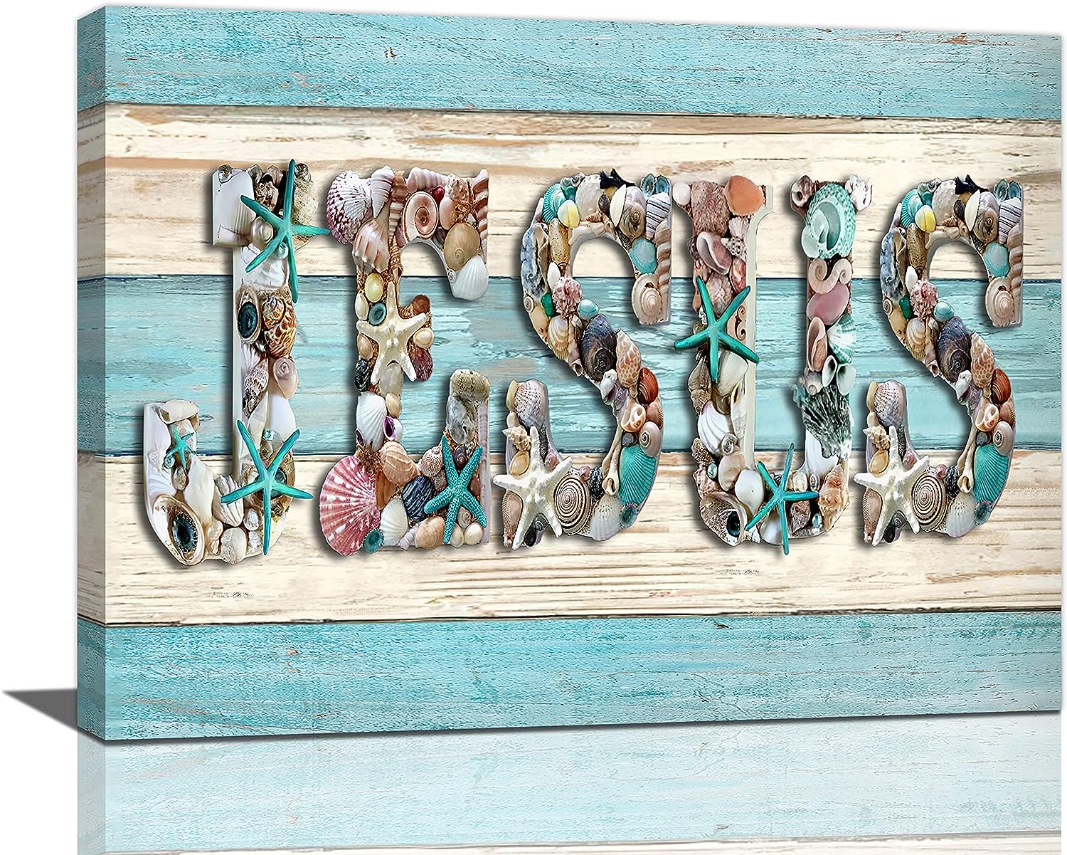 Jesus God Wall Art Teal Seashells Starfish Shell Pictures Wall Decor Bible Christian Religious Faith Inspirational Poster Canvas Painting Print Artworks Framed for Bathroom Living Room Bedroom 16 inch x12 inch  16&#034;x12&#034;