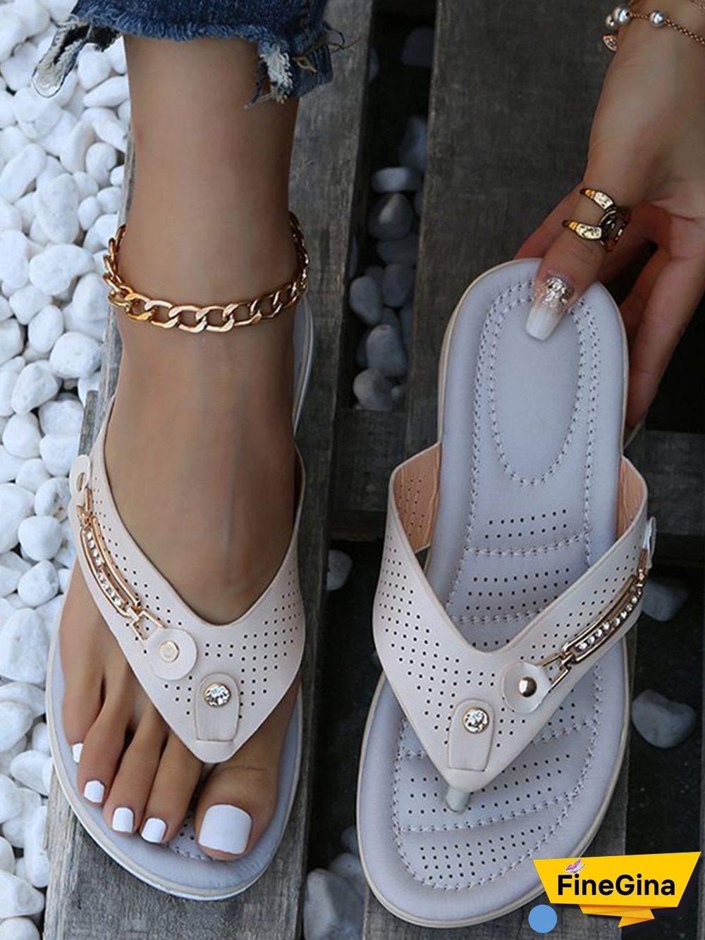 Metal Rhinestone Slope Heel Flip-Flops