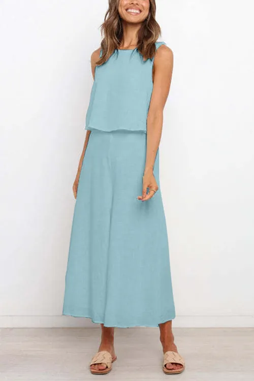 Kelsi Dress Crewneck Sleeveless Top and Wide Leg Pants Solid Set