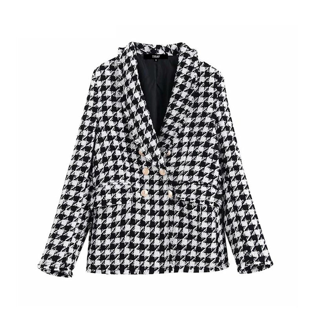 TRAF Women Tops Vintage Houndstooth Double Breasted Blazer Coat Fashion Long Sleeve Frayed Trims Outerwear Chic Plaid Jacket
