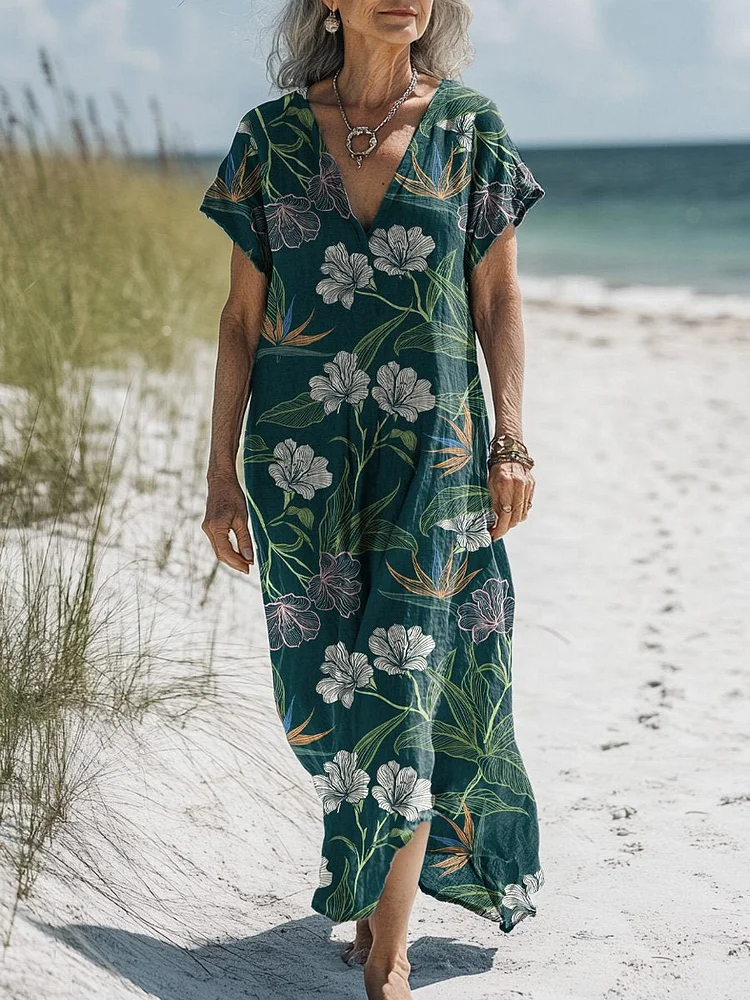 Midnight Tropical Floral Pattern Printed Women's Pocket Cotton Dress