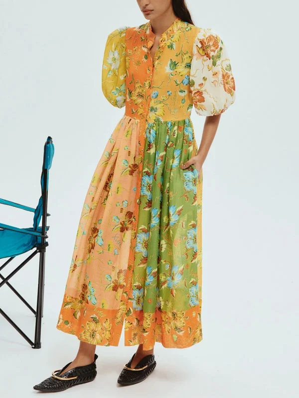 Color Blocking Temperament Bubble Short Sleeve Women's Dress