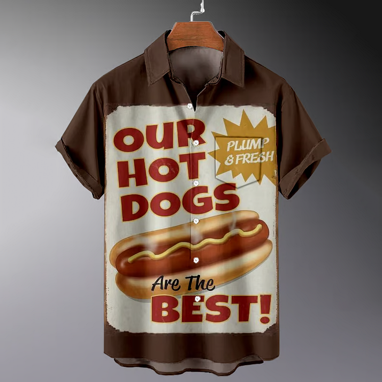 Simpfit Herren Vintage Hotdog Poster Print Art Nachahmung aus Baumwolle und Leinen Gemütliches Hemd