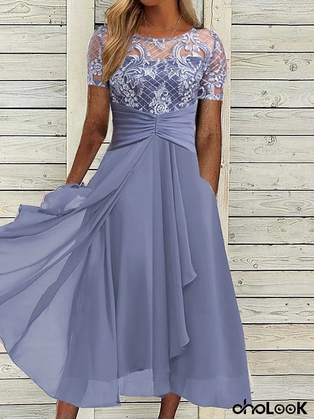 Women's Party Dress Lace Dress Cocktail Dress Midi Dress Blue Short Sleeve Pure Color Lace Summer Spring Fall Crew Neck