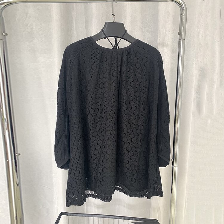 Temperament Loose Solid Color O-neck Splicing Halter Lace Hook Flower Lantern Sleeve Blouse 