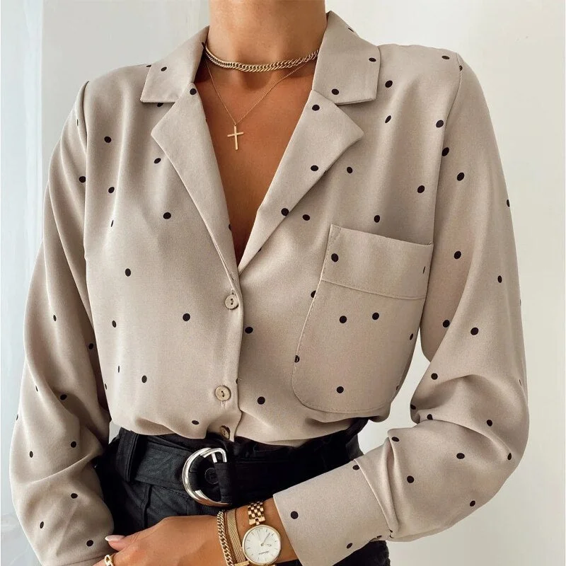 Women Polka Dot Pockets Casual Blouse Long Sleeve Notched Collar Simple Elegant Shirt 2020 Autumn Office Lady fashion Women Tops