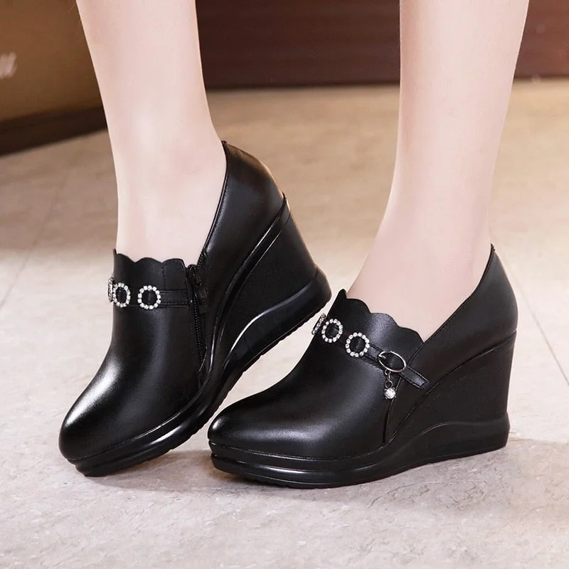 GKTINOO Deep Mouth Leather Shoe Black Platform Shoes High Heels Fashion Crystal Dance Shoes For Ladies Women's Pumps Wedge Shoes