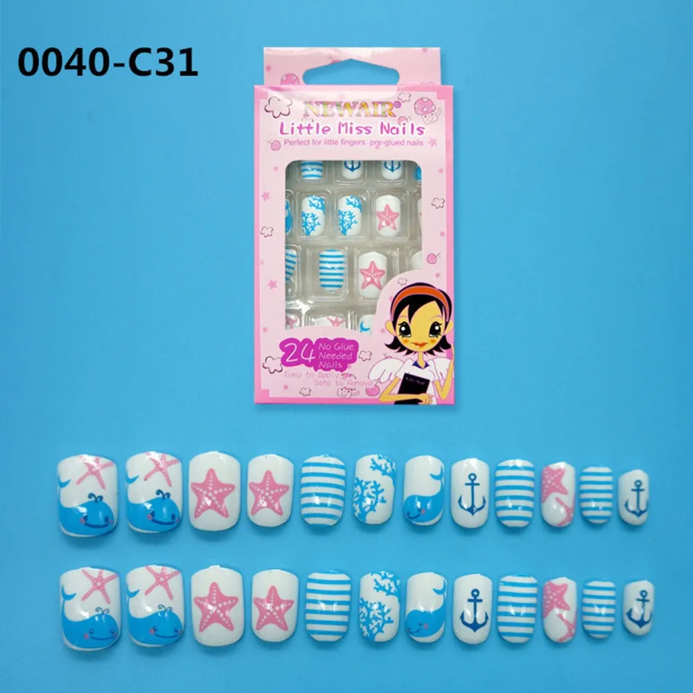 24Pcs/Set Press on Children Candy False Nail Tips Cartoon Full Cover Kid Pink Fake Nail Art for Little Girls Manicure Tool