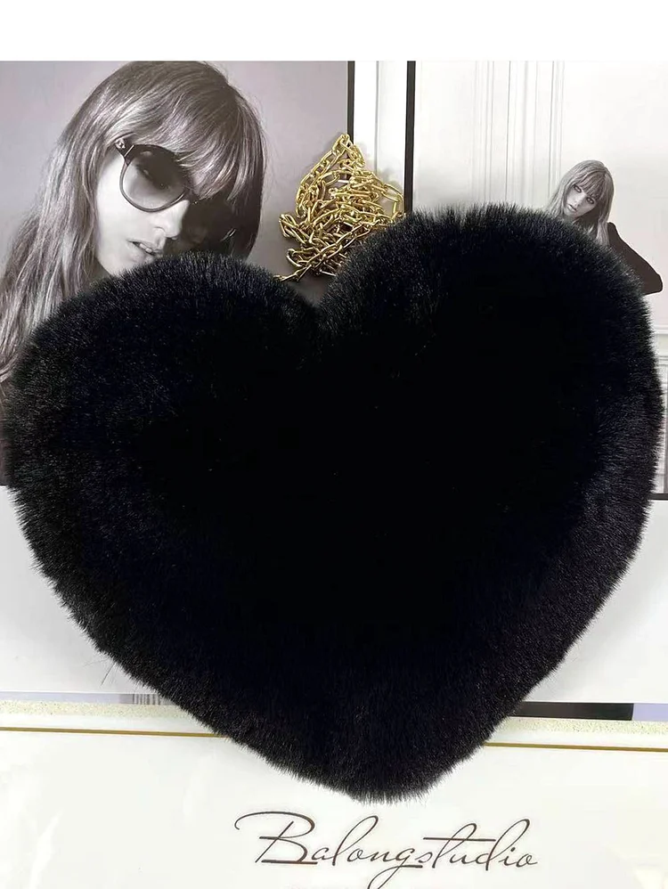 Cute Plain Zipper Heart Shape Plush Crossbody Bag