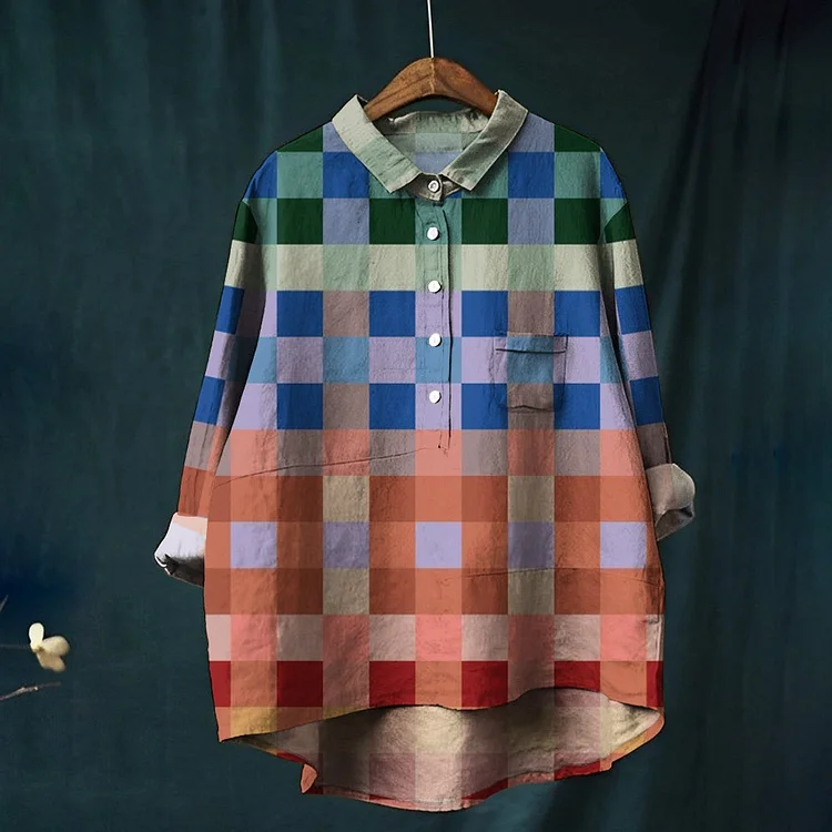 Women's Gradient Colorblock Print Casual Cotton And Linen Shirt