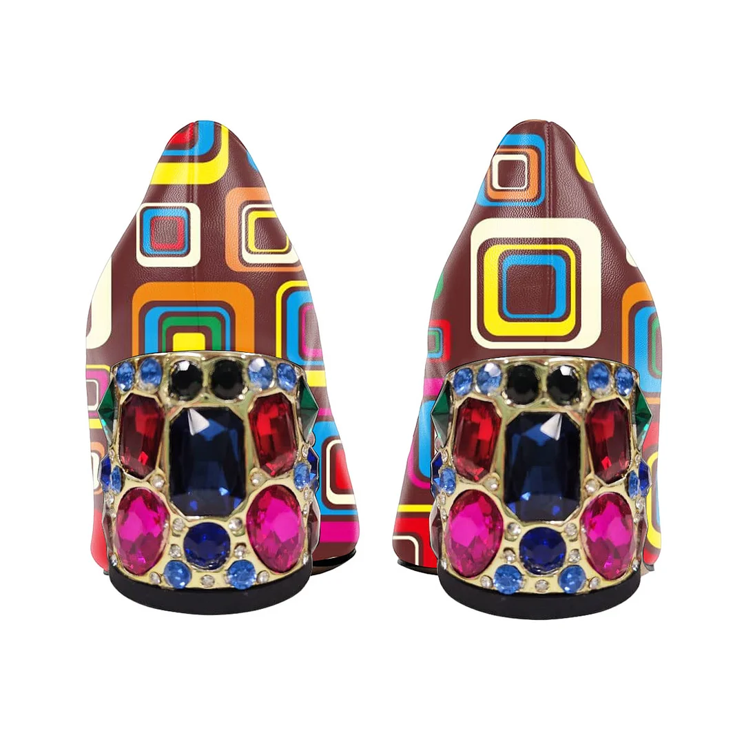 Eye-Catching Colorful Square Printed Rhinestone Patent Leather Pumps