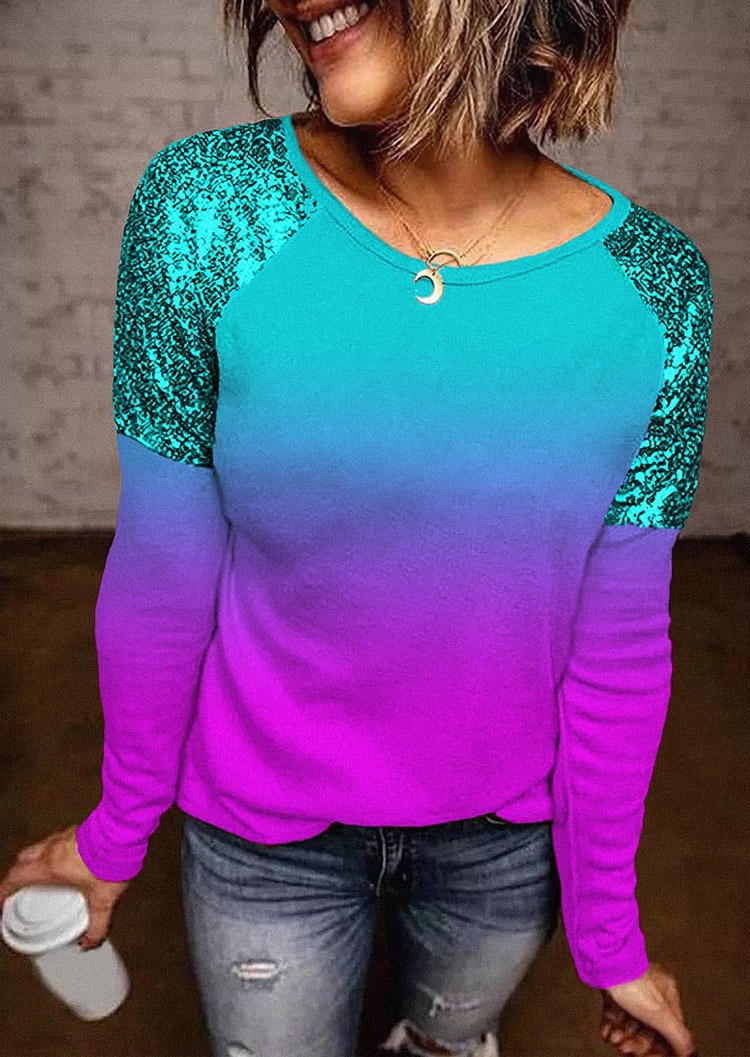 Gradient Sequined Long Sleeve O-Neck Blouse