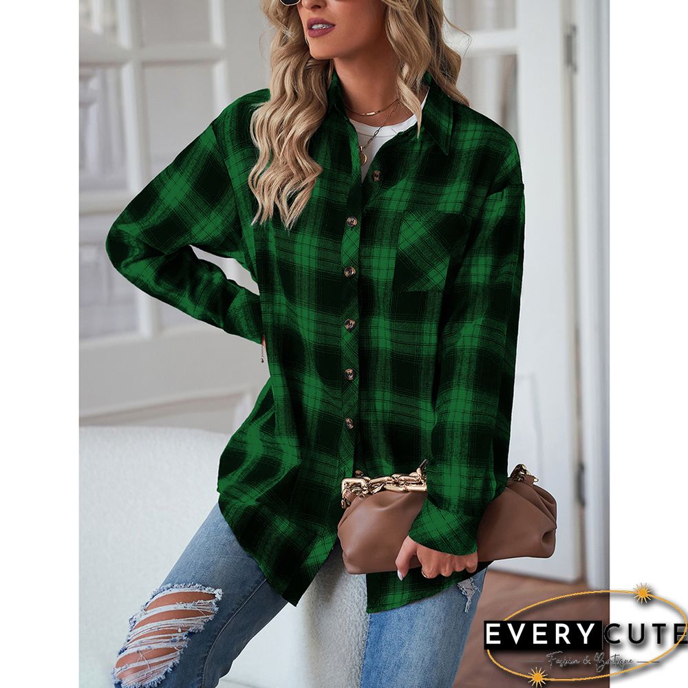Green Plaid Print Loose Style Lightweight Shirt Jacket