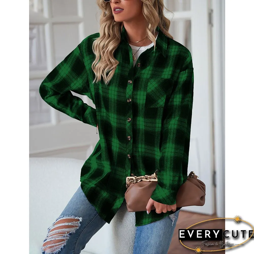 Green Plaid Print Loose Style Lightweight Shirt Jacket