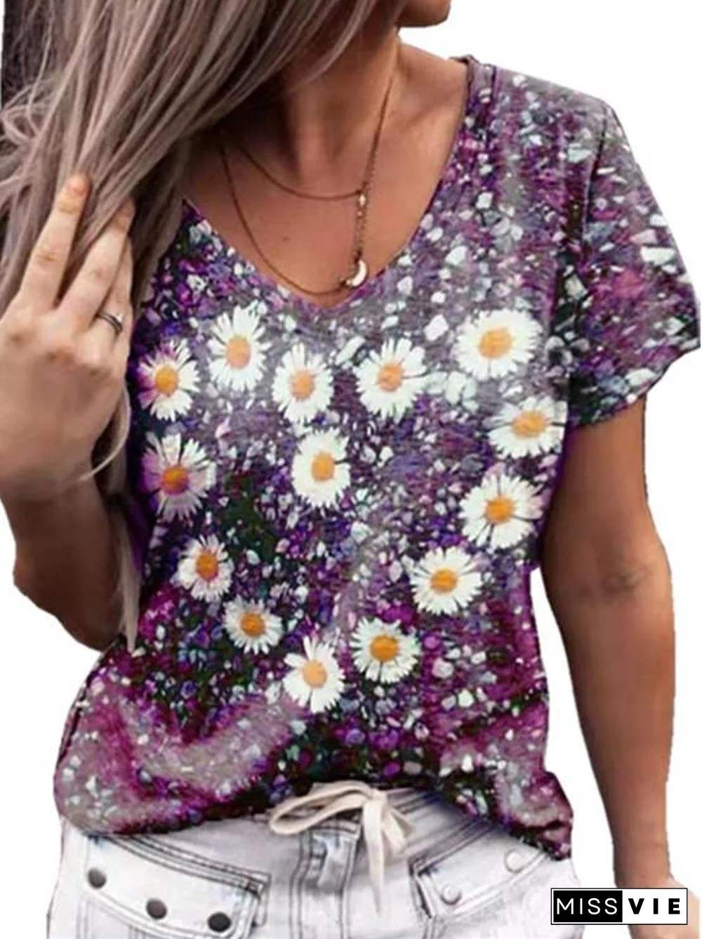 Women Short Sleeve V-neck Floral Printed Top