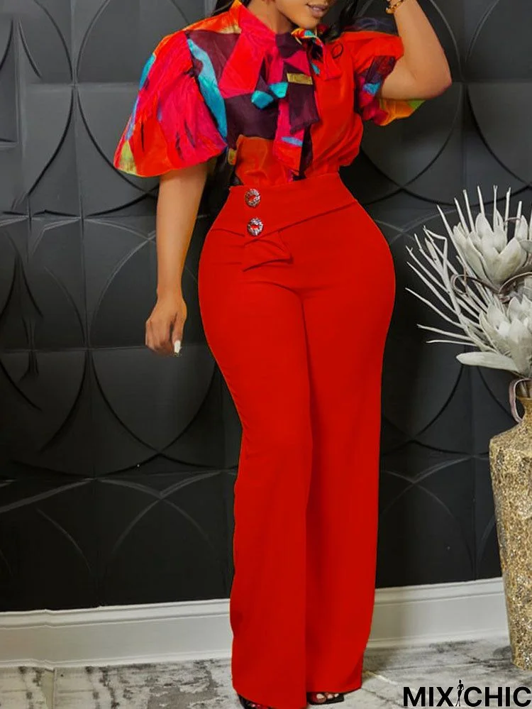 Plus Size Short Sleeve Shirt and Wide Leg Pants Set