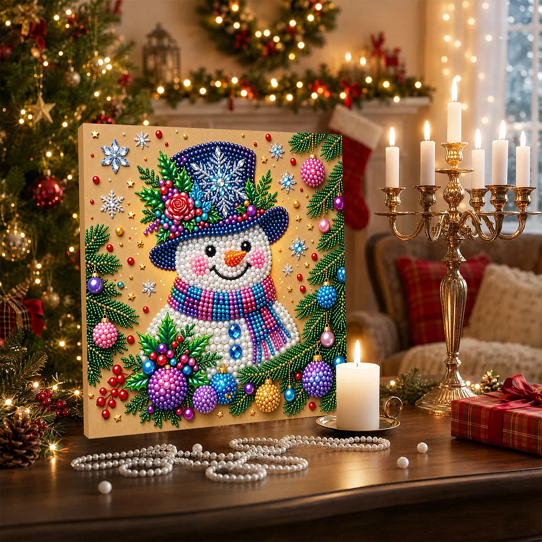 Framed Pearl Painting Kit Snowman with Ornaments 20x20cm