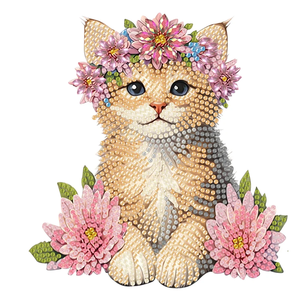 2D Flat Cat DIY Shaking Head Cat Pink Flower Diamond Painting Desktop Decoration