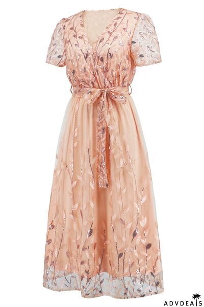 Sequin Leaf Embroidery Tie Front Short Sleeve Dress