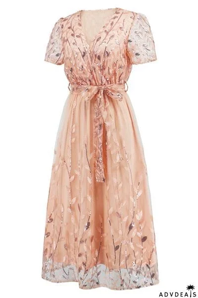 Sequin Leaf Embroidery Tie Front Short Sleeve Dress