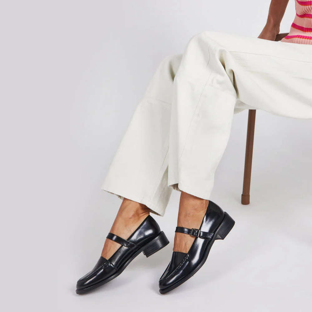 Black Patent Leather Round Toe Mary Jane Shoes Heels with Buckle