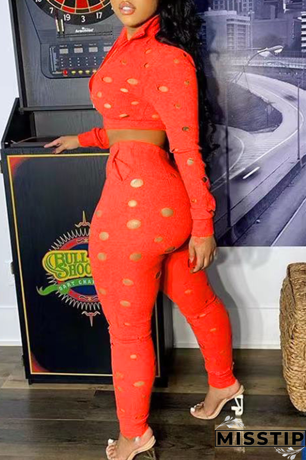 Grey Sexy Solid Ripped Turndown Collar Long Sleeve Two Pieces