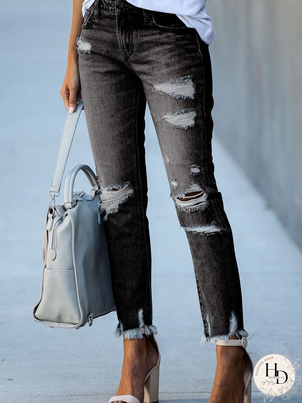 Retro Distressed Straight Leg Black Denim Jeans