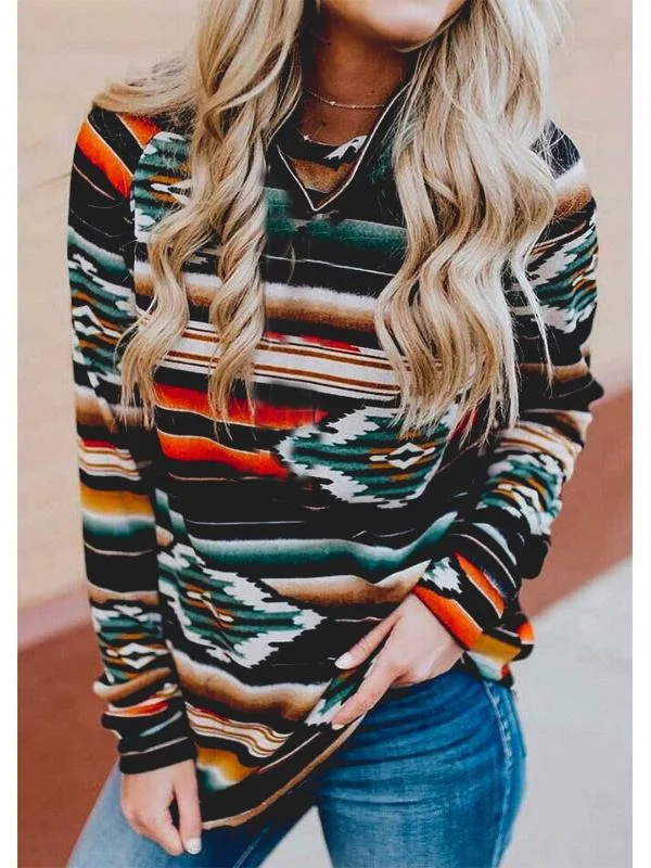 Women's Long Sleeve V-neck Striped Printed Top