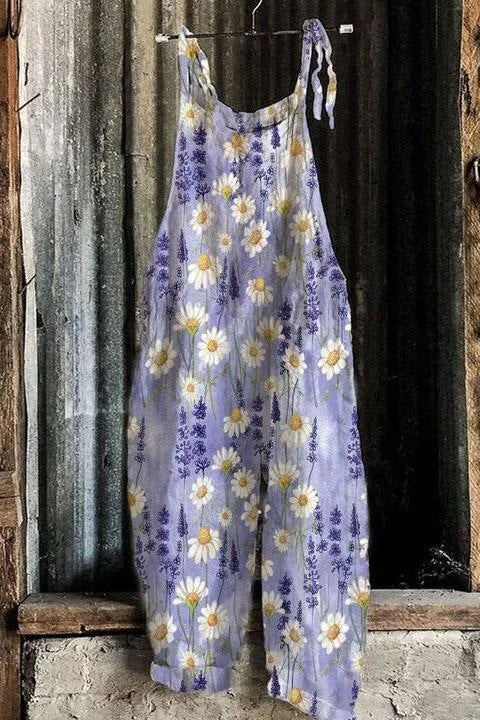 Brownm Summer Slub Linen Vintage Print Wide Dresses