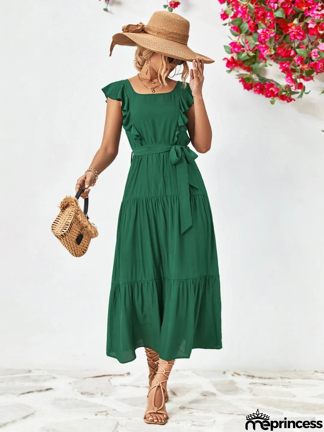 Tie Belt Ruffled Tiered Dress