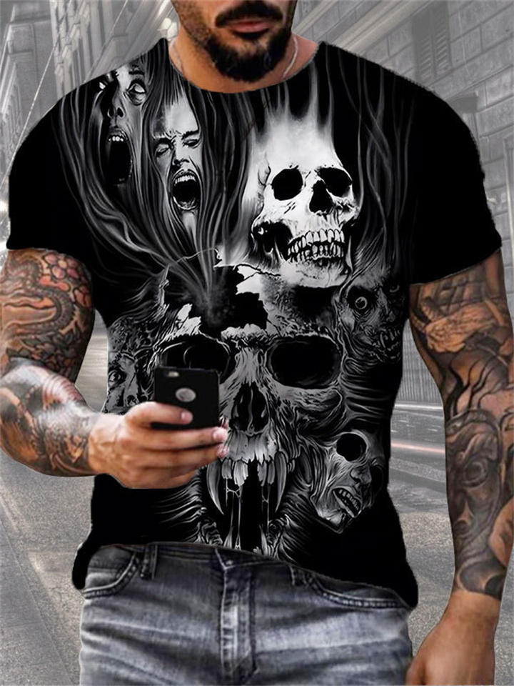 Men's Summer Hot Models Skull Print Short-sleeved New Personalized Casual Comfortable Short-sleeved T-shirt