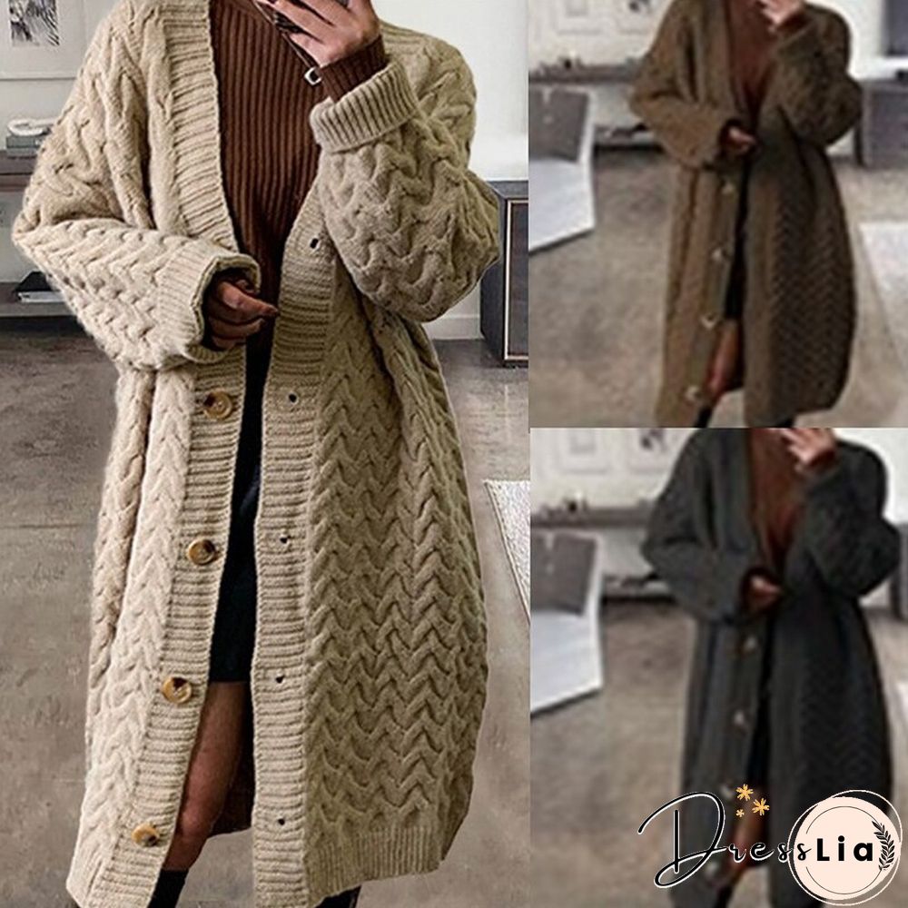 Fall Winter Warm Thick Wool Solid Outerwear Women Fashion Vintage Single Breasted Jackets Knitted Long Sweater Ladies Cardigan